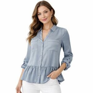 Express Women Light Blue Ruffle Peplum Button Down Shirt Top Size M
